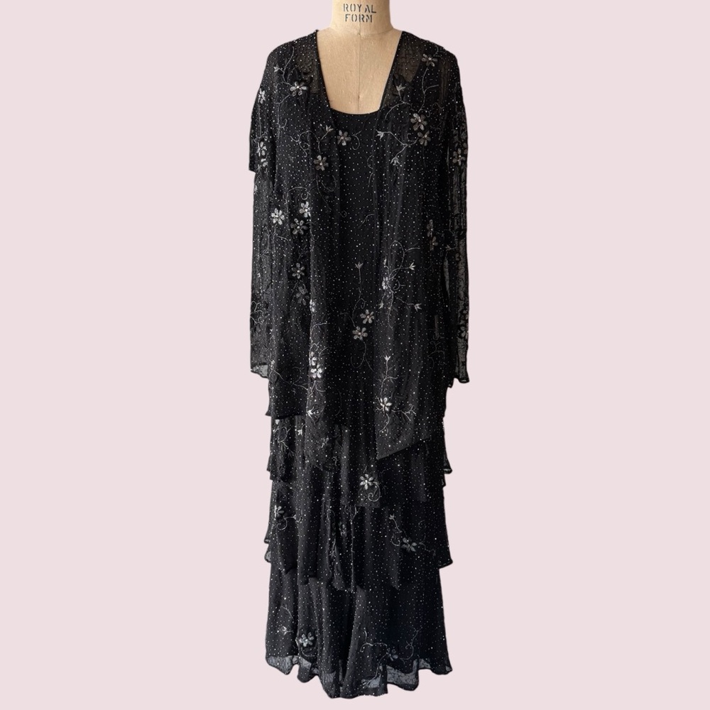 Vintage 90s Black Silk Beaded Maxi Dress and Matching Shawl Set of Two